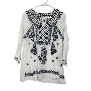 Solitaire White & Black Embroidered Cotton Semi Sheer Tunic Top Women Size L